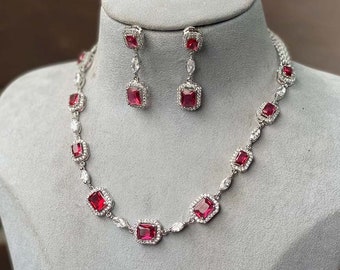 Ruby American Diamond Necklace Set: Silver Finish Cocktail Jewelry