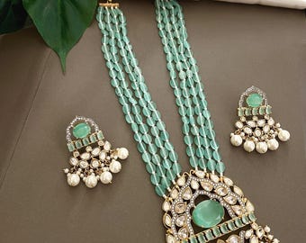 Kundan Polki Necklace Set: Mint Green Beads, Pearls, Indian Wedding Jewelry