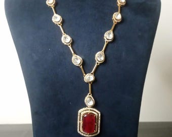 Moissanite Polki Red Doublet Necklace Set: Gold Finish Indian Jewelry