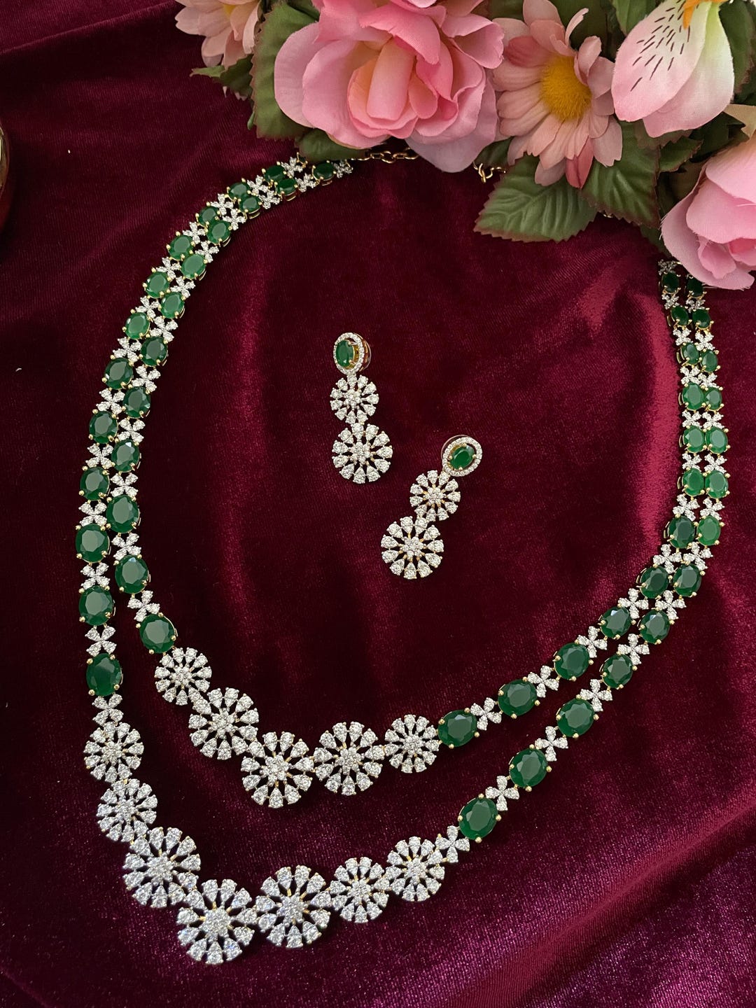 Emerald Cascade American Diamond Gold Plated Necklace Set main image 0