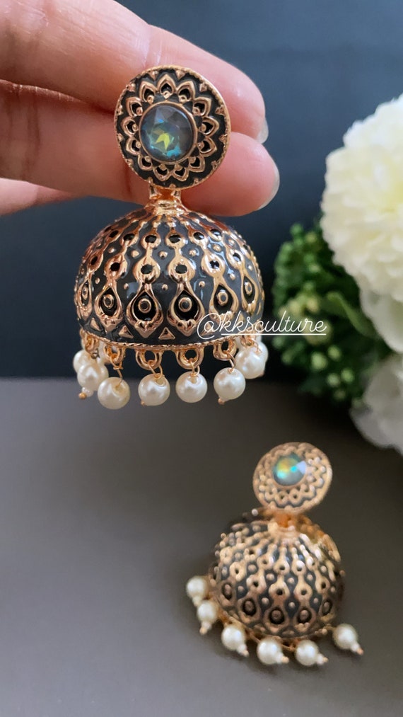 Big Meenakari Jhumka Meenakari Earrings White Jhumka Red Jhumka Blue Jhumka Gray Jhumka Punjabi Jhumka Pearl Meenakari Earring Etsy