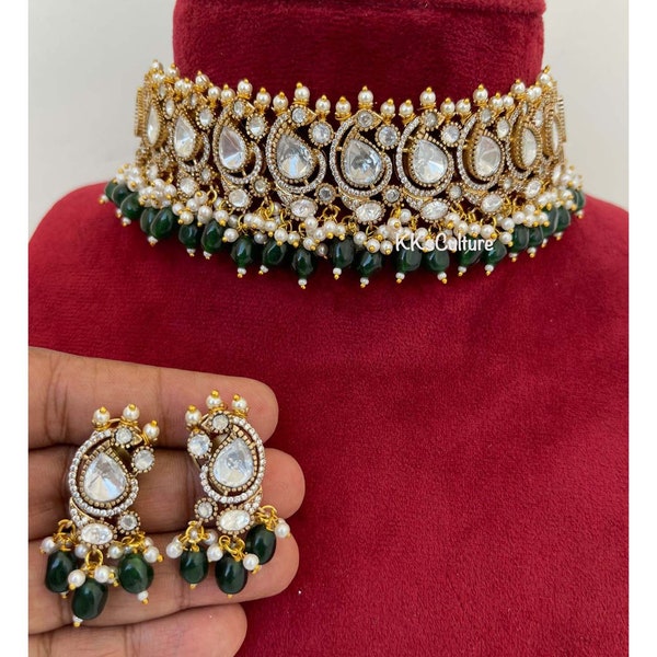 Luxurious Green Beads Moissanite Polki Uncut Kundan Choker Necklace | Pink Beaded Polki Kundan Choker | Indian Wedding Jewelry | Sabyasachi