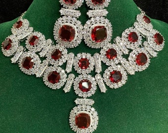 Celebrity Inspired American Diamond Red Neckline Choker Necklace Set | Red CZ Choker Set Indian Wedding Jewelry Statement Choker