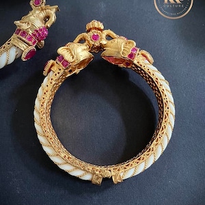 Traditional Elephant Head Openable Bangle Kada | Elephant Bangle | Temple Jewelry Gold White Bangle | Gaja Mukhi Bangle Kada Indian - Single