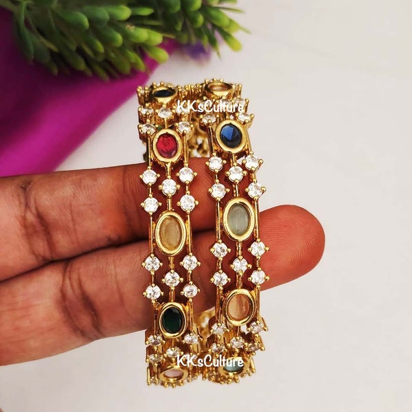Multicolor Navratan Semi Precious Stone Diamond Gold Finish Bangles | Temple Jewelry | Indian Wedding Jewelry| South Indian Wedding |