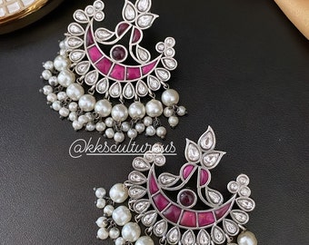 Silver Oxidized Dark Pink Cluster Pearl  Chandbali Earrings | Jhumka Earrings | Ethnic Earrings |Pink Chandbali | Festive Oxidized Earrings