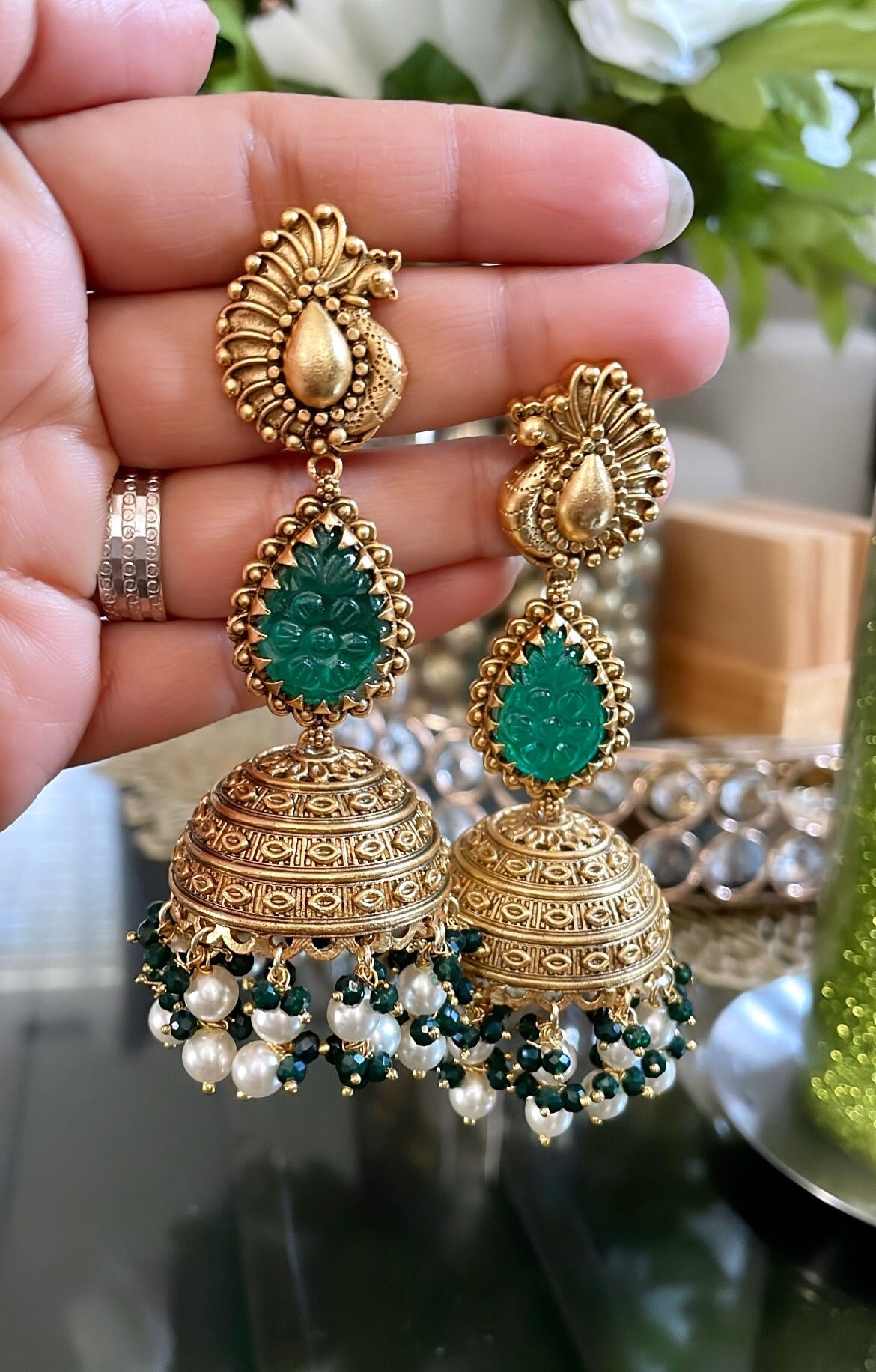 Gold Jhumka Earrings: Indian Peacock Jewelry With Green Stone