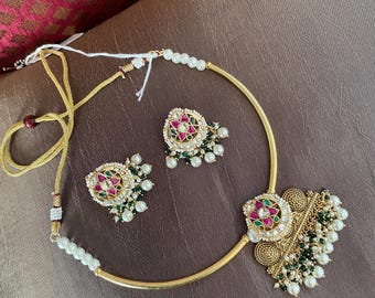 Gold Plated Kundan Hasli Necklace Set | Pachi Jadau Jewelry