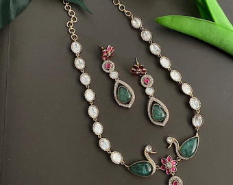 Polki Kundan Peacock Necklace Set: Mint Green Doublet Indian Jewelry