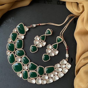 Celebrity Inspired Gold Plated Uncut Polki Kundan Green Necklace Set | Bridal Jewelry | Wedding Jewelry | Kundan Neckline Necklace Set|