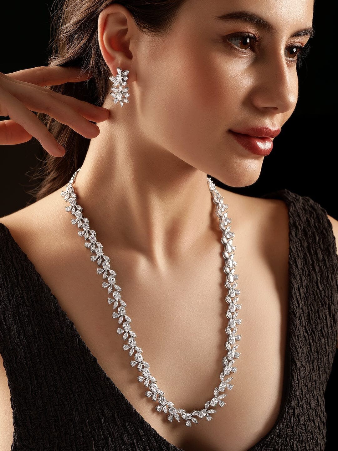 American Diamond Look Necklace Set - Silver Floral Design main image 1