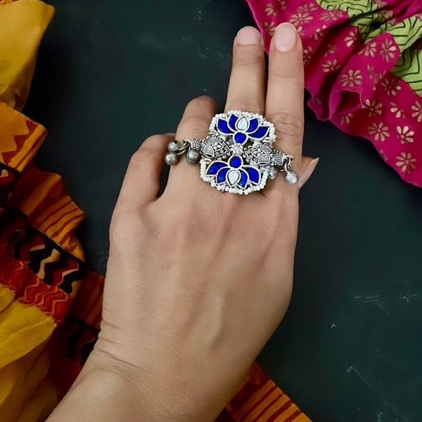 92 5 Silver Ethnic Fusion Afghani Adjustable Ring | Lotus Ring | Ghunghroo Rings| Royal Blue Flower Oxidized Rings Indian BOHO Jewelry