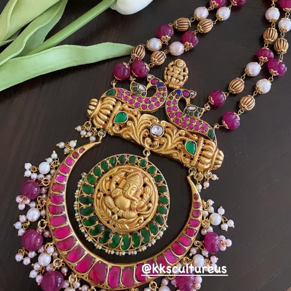 Long Jadau Kemp Gold Necklace | Temple Ganeshji Haram | Kemp Necklace | South Indian Jewelry | Temple Jewelry | Long Haram Necklace |