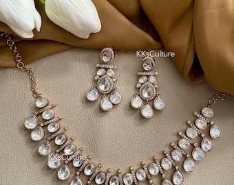 Moissanite Polki Diamond Necklace Set: Indo Western Jewelry