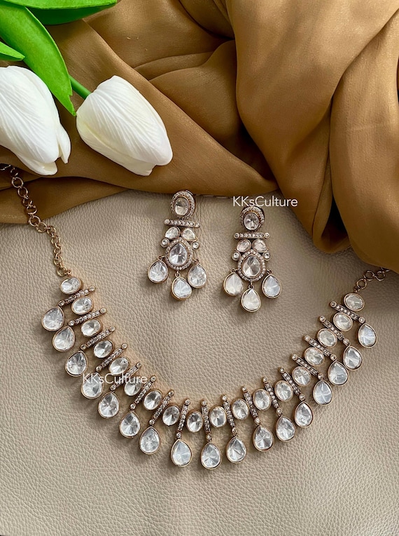 Moissanite Polki Diamond Necklace Set: Indo Western Jewelry