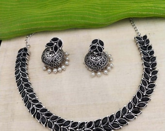 Turquoise Stone Oxidized Necklace | Black stone oxidized necklace | Green stone oxidized necklace | Indian Jewelry | dainty oxidized jewelry