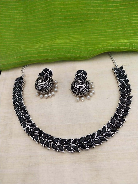 Oxidized Black Stone Necklace & Jhumki Earrings: Indian Jewelry Set