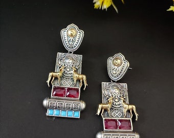 Dual Tone Finish Blue Pink Stone Studded Oxidized Earrings | German Silver Earrings | Indian Boho Jewelry | Antique Designer Earrings