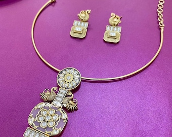 Kundan Hasli Necklace Set: Fusion Pink, Gold Indian Jewelry