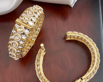 Gold Plated Kundan Bangle: Polki Diamond & Pearl Bridal Jewelry