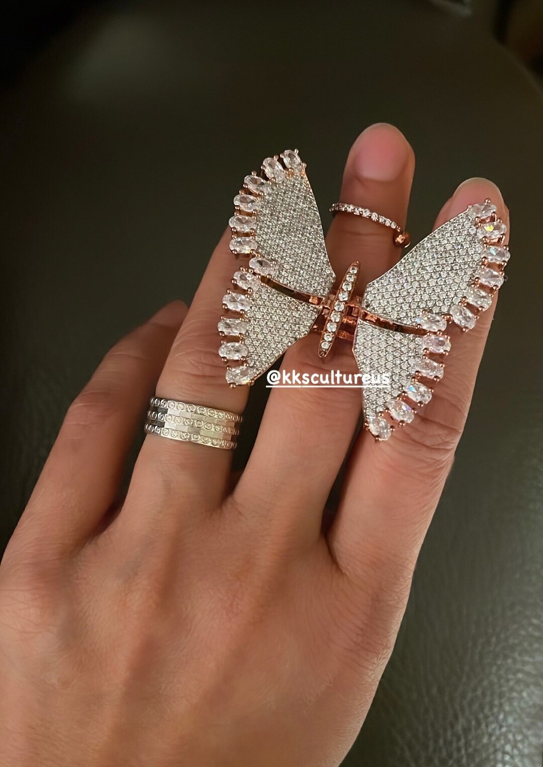 Adjustable Butterfly Diamond Ring Statement Finger Ring Oversized Rose Gold Ring AD Ring CZ Ring
