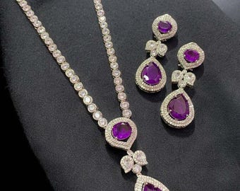 Silver Finish Purple American Diamond Necklace Set: Indo Western Jewelry