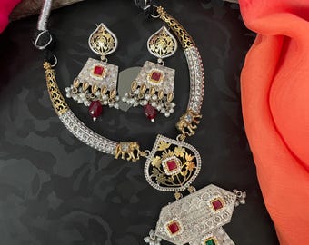 Two-Tone Silver Bohemian Necklace Set: Red & Green Stone Indian Jewelry