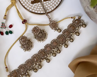 Polki Choker Necklace Set: Antique Gold Indian Bridal Jewelry
