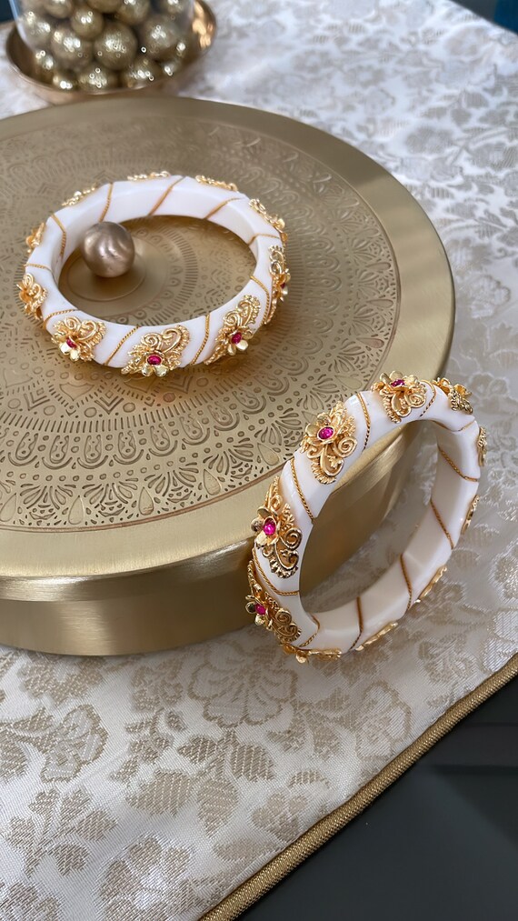 Gold Plated Embossed White Bangles Temple Jewelry Shankha