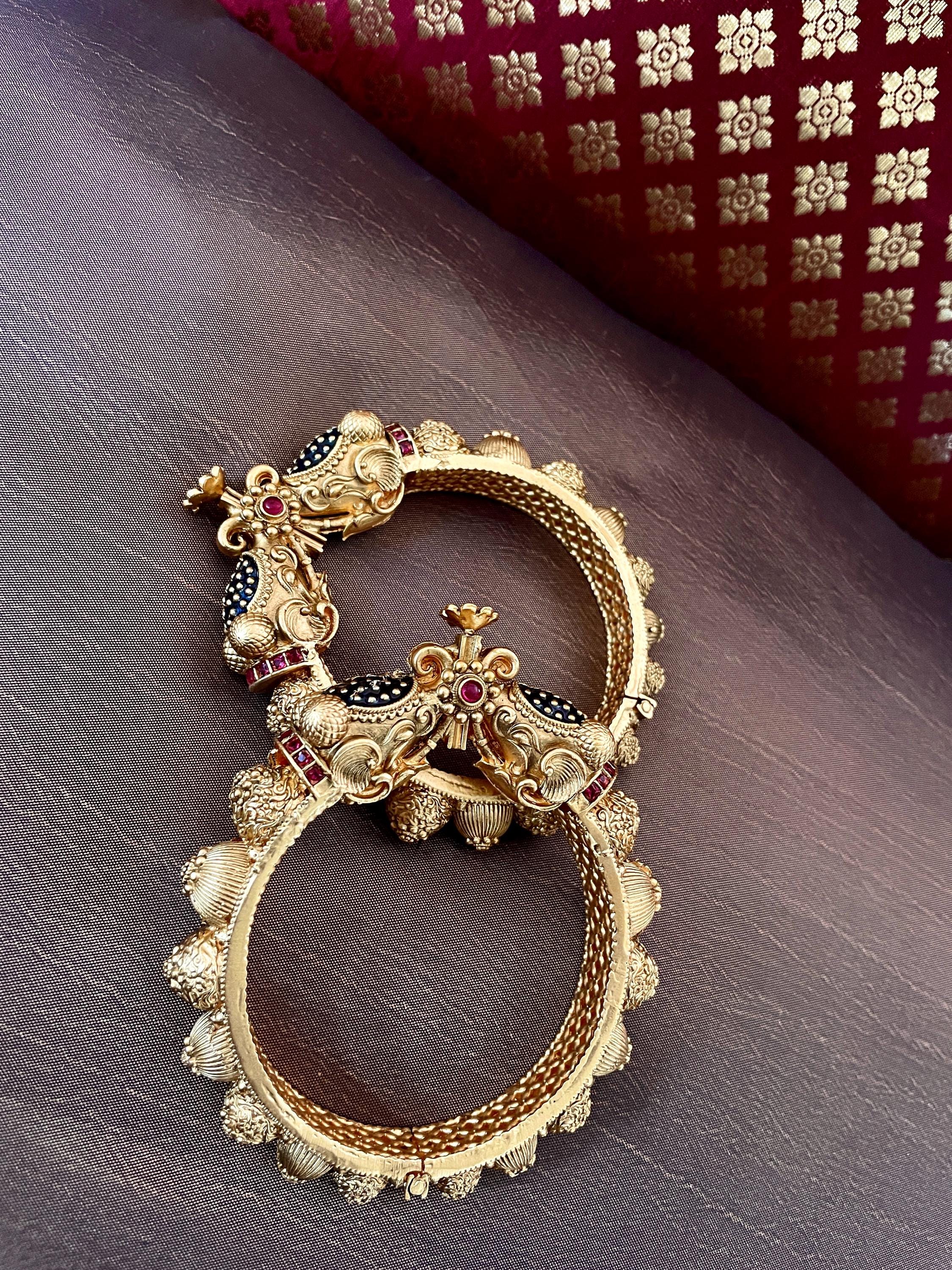 Antique Gold Elephant Bangle Kada: Blue Meenakari Temple Jewelry