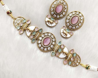 Sabyasachi Inspired Choker Necklace | Pastel Choker Necklace | Pink Mint Green Choker | Wedding Jewelry | CZ Choker