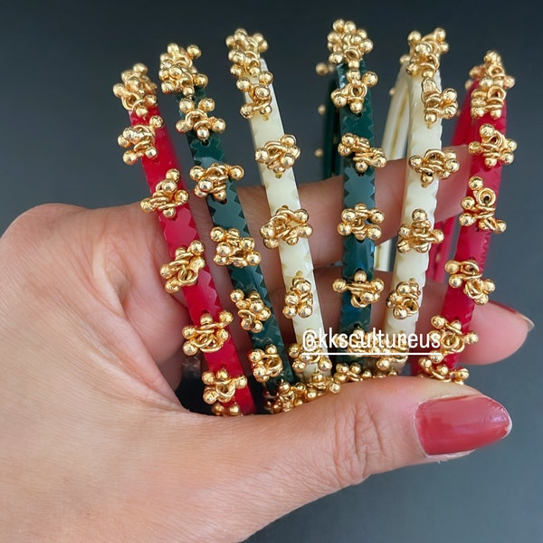 Gold ghunghroo Shaka Pola Chudla Bangles | Size 2.6 | Choodla Bangles | Red Bangles | White Green Bridal Bangles | Red White Green Kangan