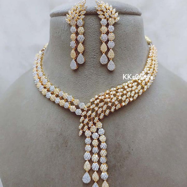 Gold Silver Finish American Diamond Necklace Set | Wedding Jewelry | Indian Jewelry | Cocktail Jewelry | AD Necklace | CZ Diamond Necklace