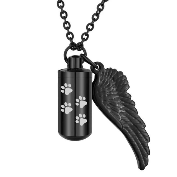 Pet loss / death of pet dog / cat, Black Cylinder Urn, Paw Jewelry, pet Urn, Ashes Holder, Pendant, Pet Cremation, Memorial Pet Necklace