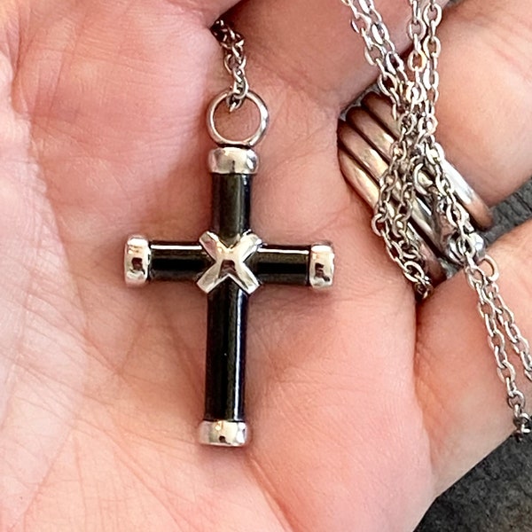 Cremate jewelry, Urn necklace, Black and silver cross, gift for loss, urn for man, cremation keepsake, memorial jewelry, fillable pendant