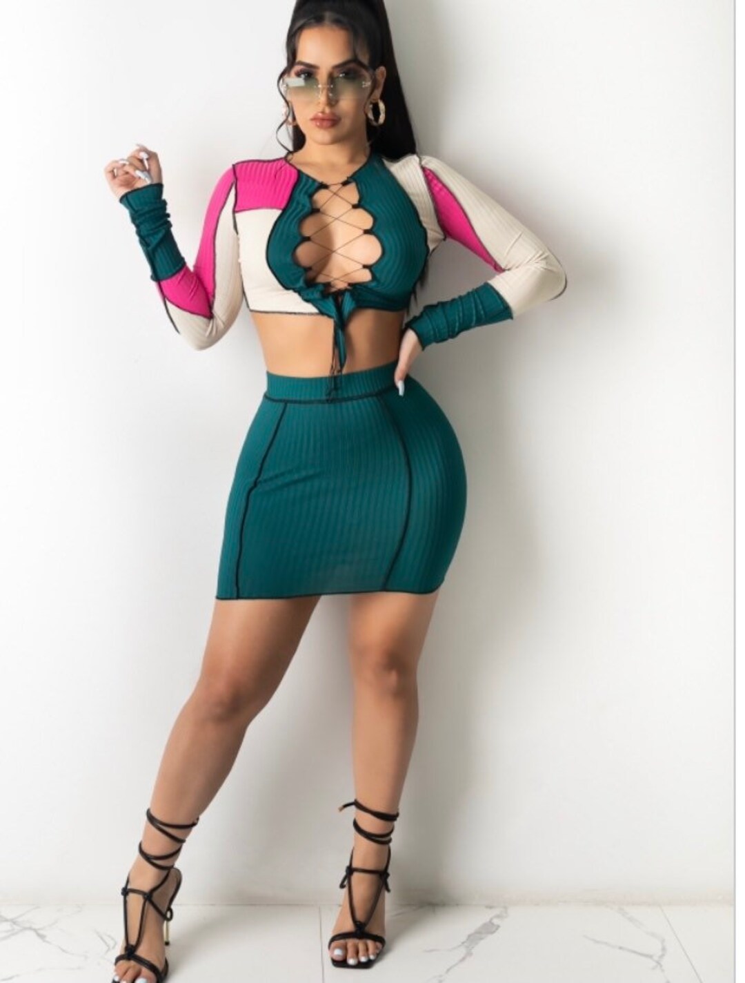 Tik Tok Skirt Set Stretch Twopiece Set Long Sleeve Crop Etsy