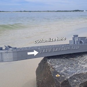 Toy boat. Customizable WW2 Tank Landing Craft Battleship. 16 inches long. 3D printed from biodegradable PLA plastic.