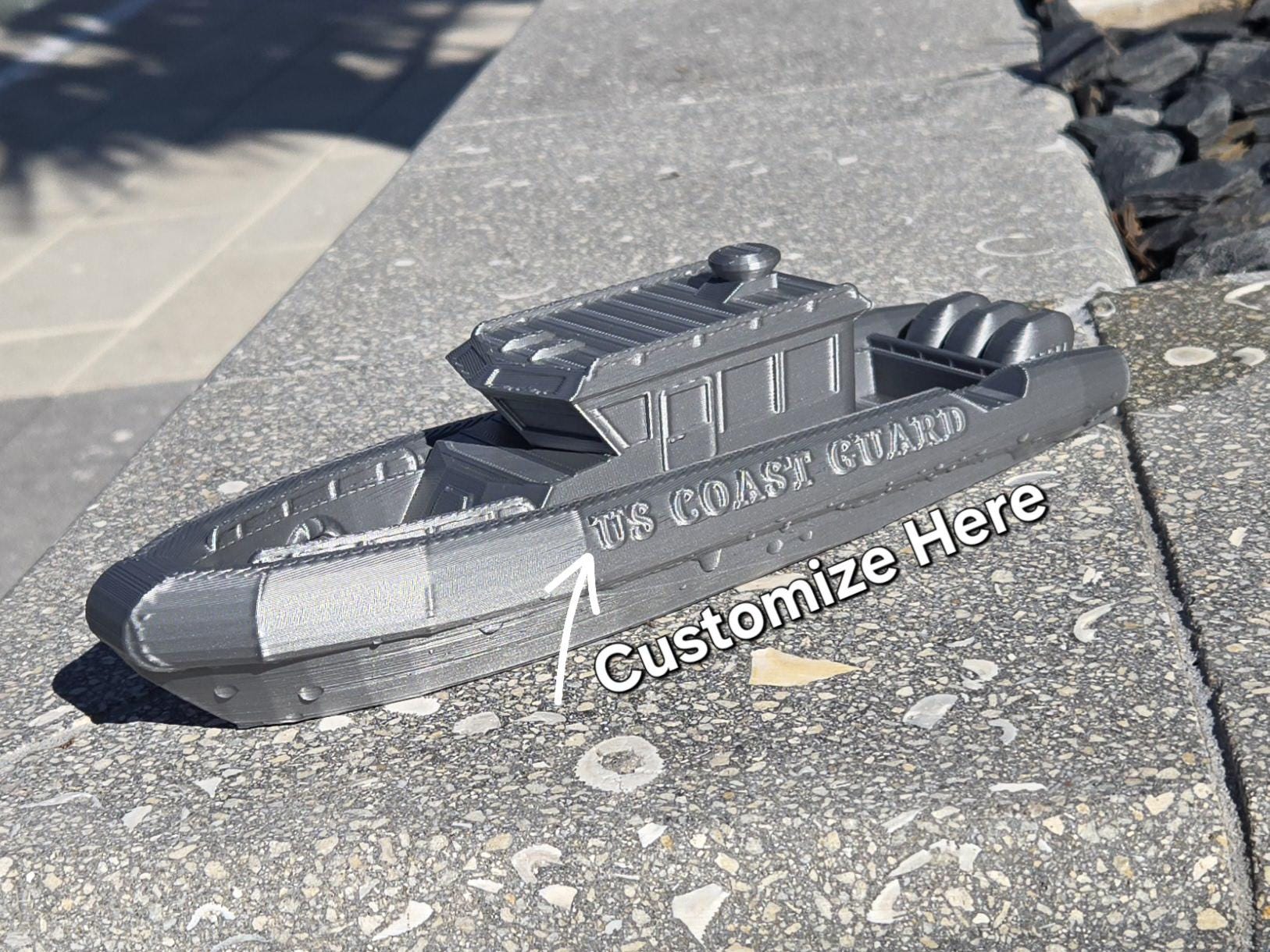 Customizable toy boat. Coast Guard boat, Police boat, Rescue boat. 3D printed, from biodegradable PLA plastic. 10 in long