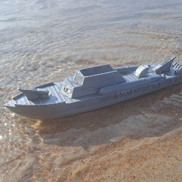 Toy Boat, Customizable toy PT boat. Warship. WW2 PT boat (patrol torpedo.) 3D printed, for play time, pool time, bath time. Over 8 in long.