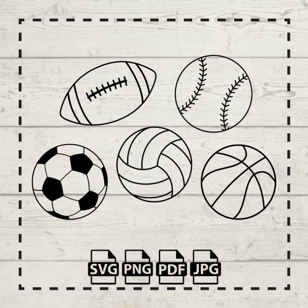 Paquete de archivos digitales de pelotas deportivas: SVG, JPEG, PNG y PDF: descarga digital instantánea: voleibol, béisbol, baloncesto, fútbol, fútbol americano