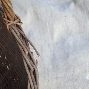 May include: Close-up of a woven wicker basket. The basket is made of thin, light brown branches, intricately woven together. The edge of the basket is visible, showing the detailed craftsmanship and texture of the natural material.