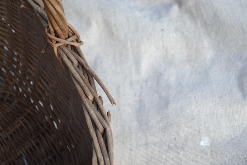 May include: Close-up of a woven wicker basket. The basket is made of thin, light brown branches, intricately woven together. The edge of the basket is visible, showing the detailed craftsmanship and texture of the natural material.