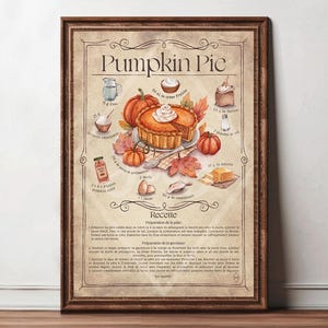 May include: A framed print featuring a watercolor illustration of a pumpkin pie recipe. The artwork includes a pie, pumpkins, and ingredients. The text at the top reads "Pumpkin Pie" in an elegant font. The recipe is written in French.