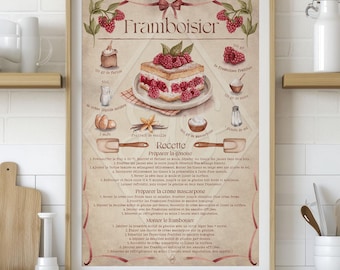 Aquarelposter, gezellige poster, geïllustreerd recept, culinaire illustraties, frambozenstruik, taartdecoratie, aquarelposter