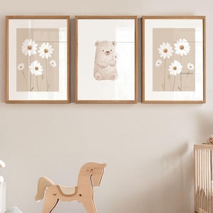 Conjunto de 3 pósteres de osos y flores, póster para habitación de bebé, decoración de habitación infantil, pósteres para ideas de regalos de nacimiento