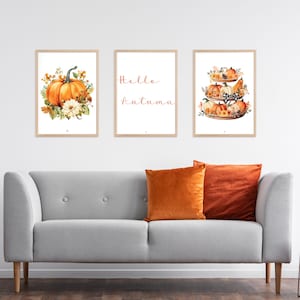 Set de 3 carteles de otoño, Carteles de calabaza, Carteles de calabaza, decoración otoñal, Hola Otoño