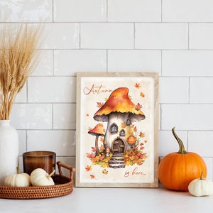 Poster autunnale, poster di funghi, decorazione autunnale, foglie autunnali, zucca, autunno, Halloween, poster di decorazione autunnale,