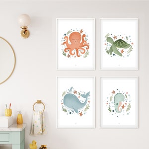 Set of 4 posters on the theme of the sea, Marine theme poster, Marine animals, Children's poster, Baby poster, Children's room poster