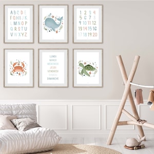 Set di 6 poster di animali marini, set di poster sul tema del mare, poster educativi, poster per bambini, decorazione della camera dei bambini