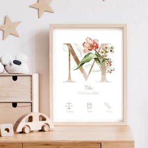 Poster nascita floreale personalizzabile, regalo nascita, decorazione cameretta